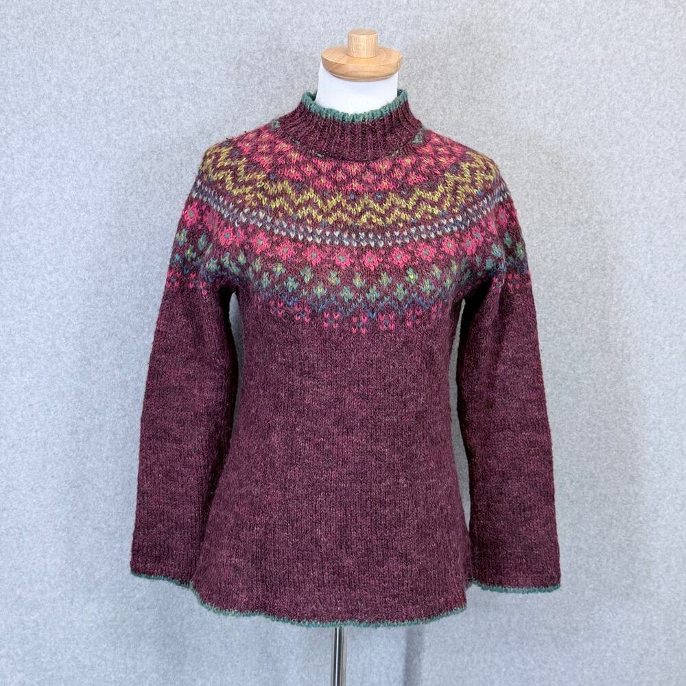 Relais Knitware Womens Fair Isle Turtleneck Sweater Plum Burgundy Boho Large